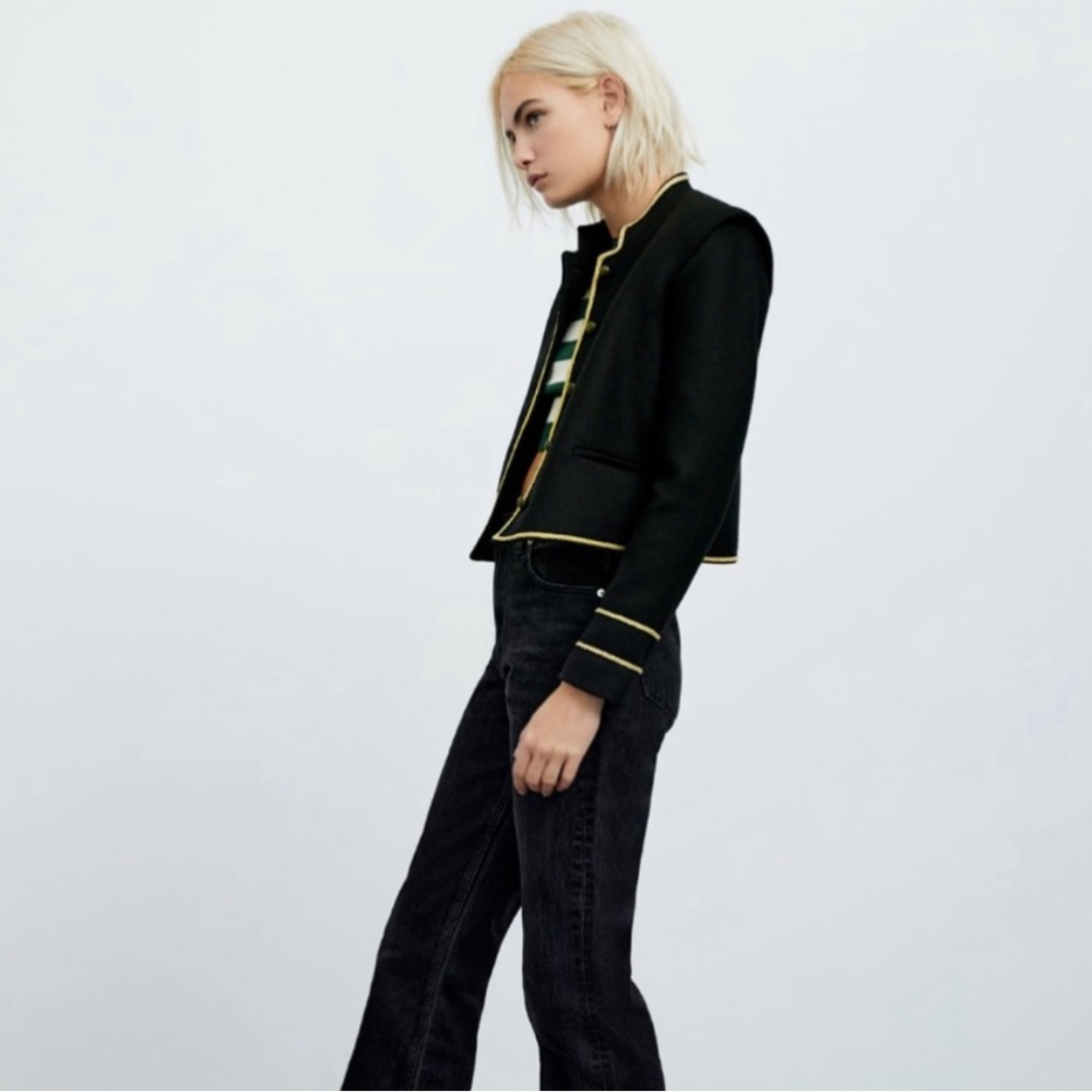 SOLD🥤 Zara Woman Textured Cropped Wool Blend Jacket Black Gold Buttons S NWT - Picture 7 of 16